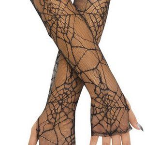 Spider Web Long Elbow Opera Length Black Fingerless Gloves NWT